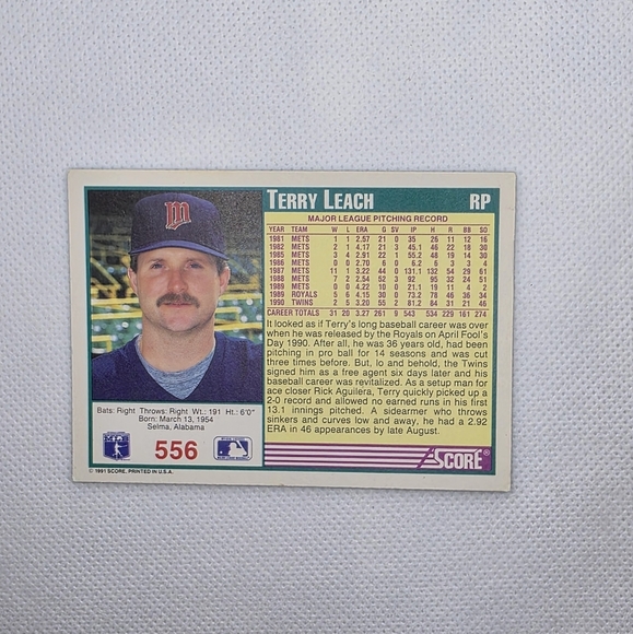 1991 Score Terry Leach Minnesota Twins #556 Baseball Card - Picture 3 of 4